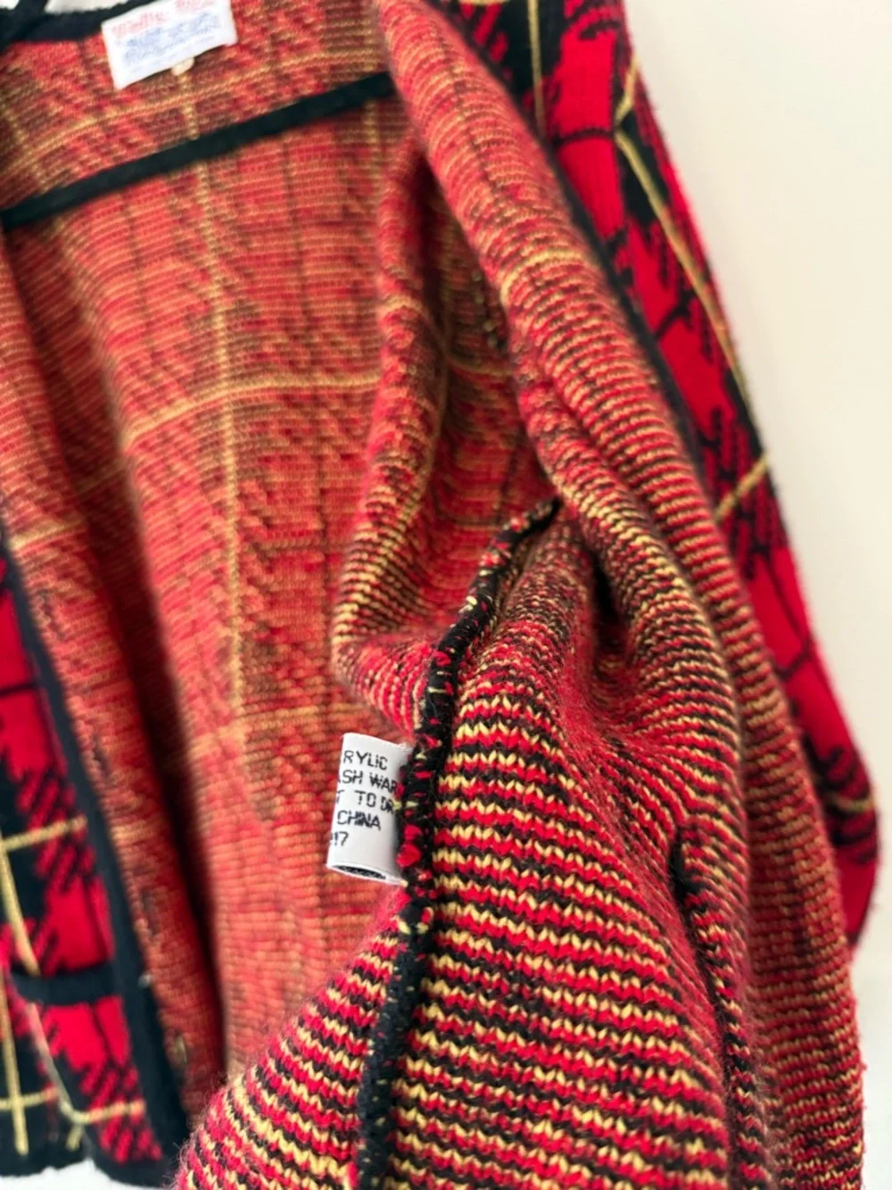 Vintage Tally Ho Red Plaid Knit Jacket with Black Trim 1980s Womens Medium - Picture 7 of 14